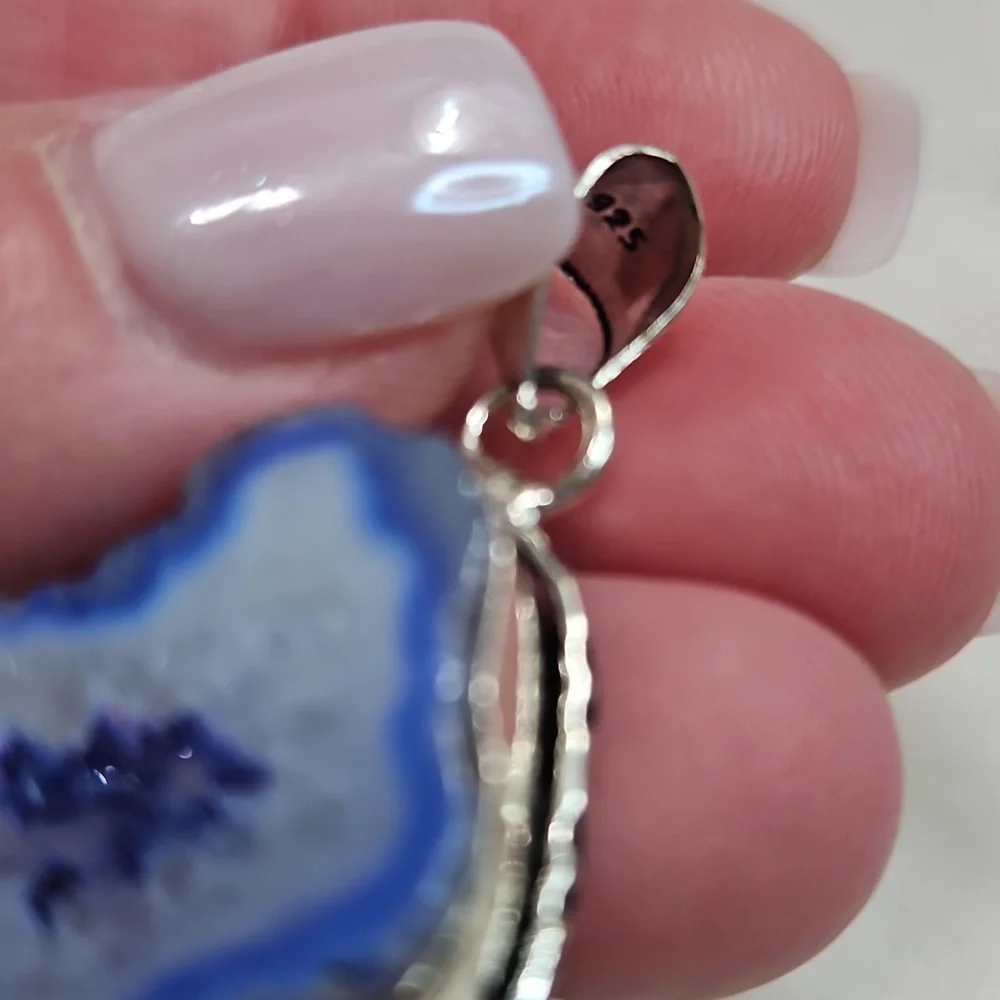 Blue Quartz Crystal Natural Gemstone Necklace Pendant Sterling Silver Plated